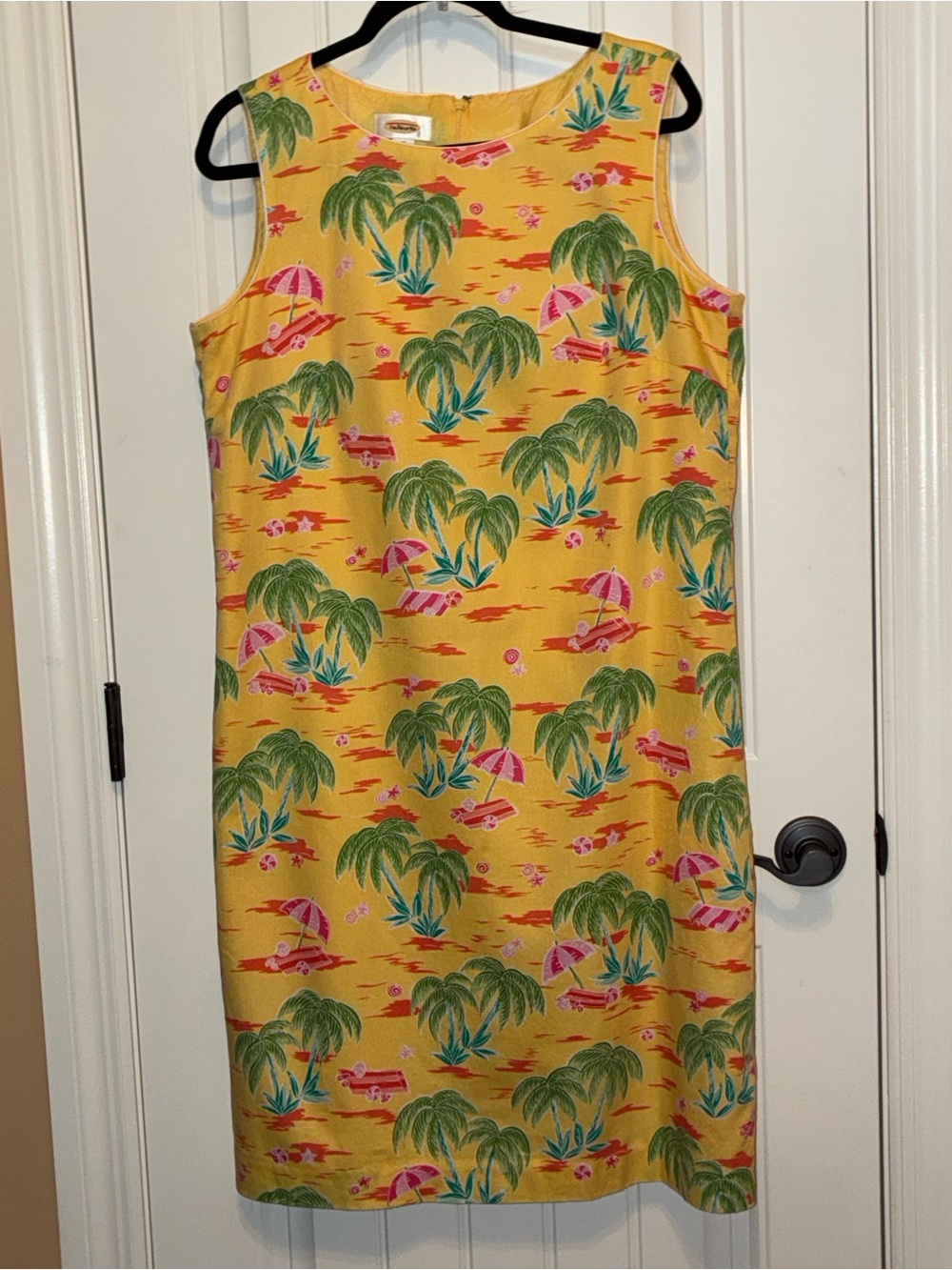 Talbots 16 Sleeveless A-line Yellow Tropical Palm Print Dress with Pink Accents